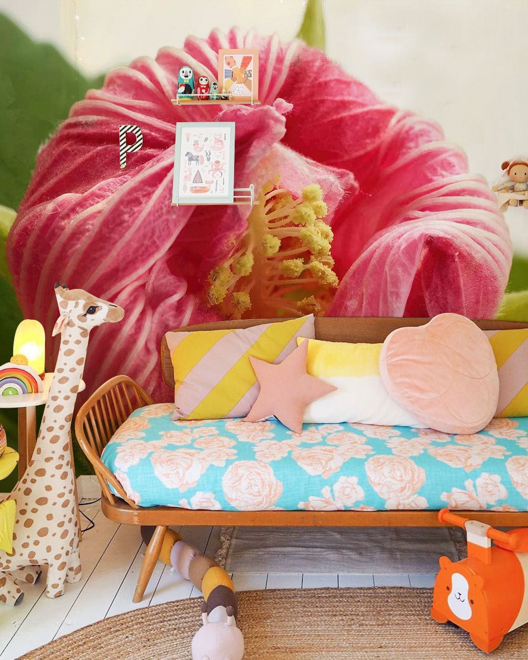 Wallpaper mural with a flowering hibiscus plant, perfect for use in hallway decor