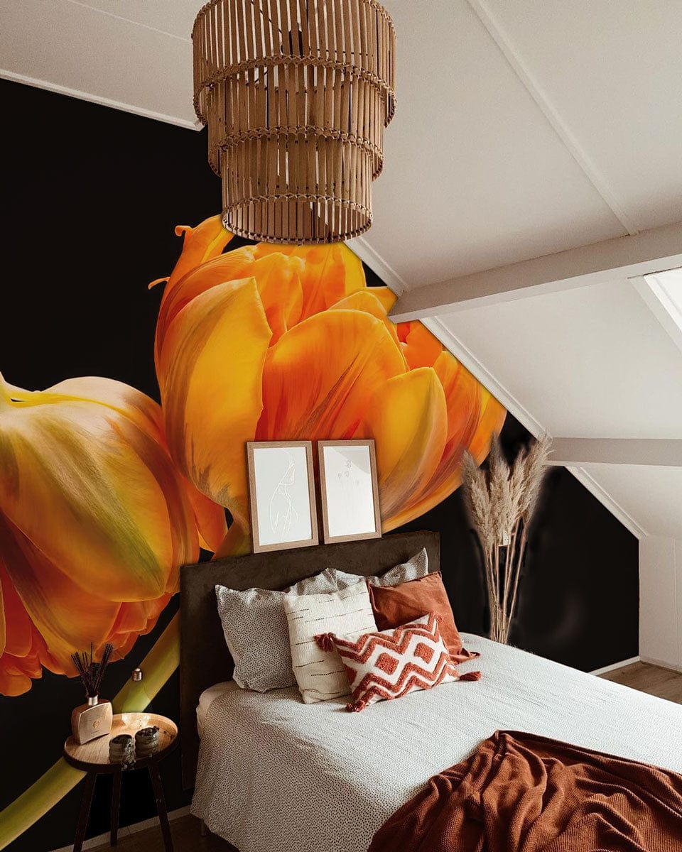 Wallpaper mural with blooming tulips for use in decorating a bedroom