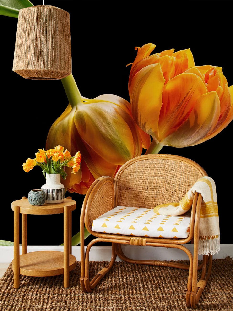 Hallway Decoration Featuring a Wallpaper Mural of Budding Tulips