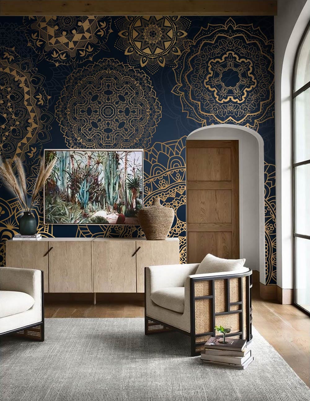 Wallpaper with an unusual golden pattern on a dark backdrop for the living room of a bespoke home
