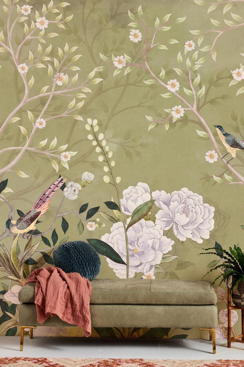 wallpaper mural of birds and flowers in a neutral color palette for the hallway