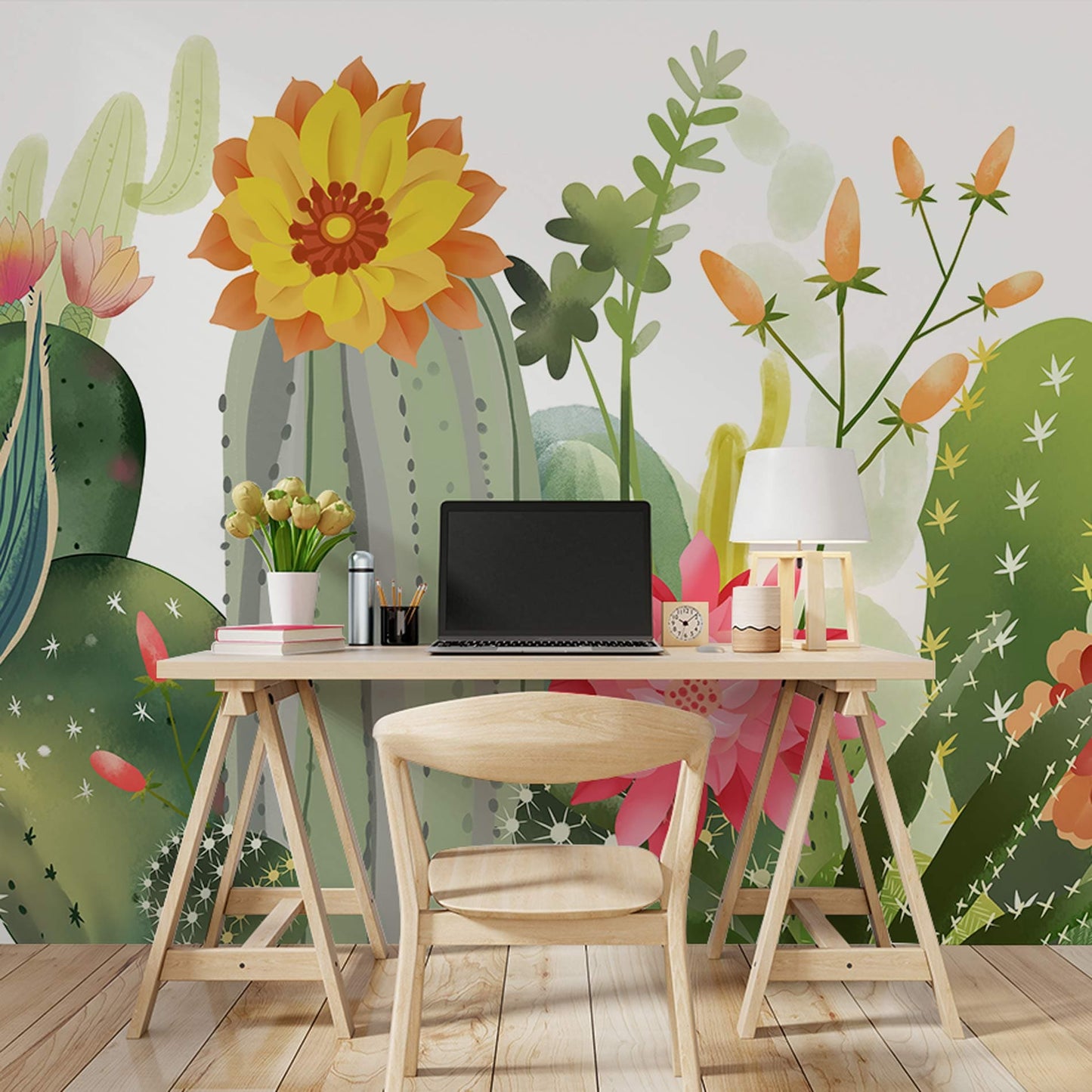 Botanical Cactus Floral Mural Wallpaper in office