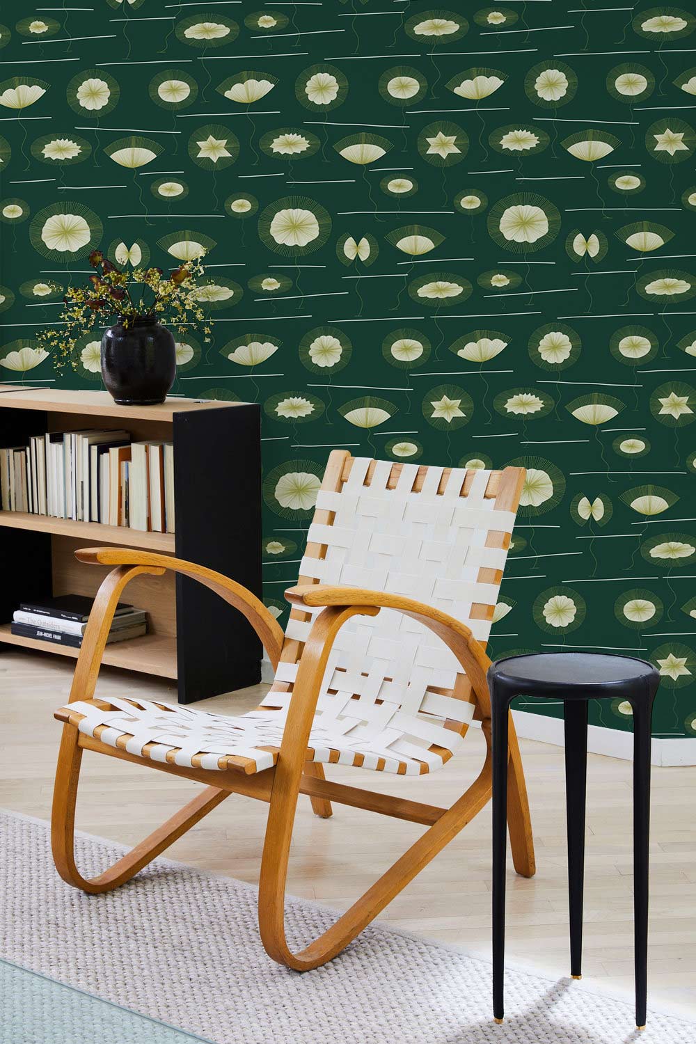 Botanical Lily Pads Green Mural Wallpaper in living room