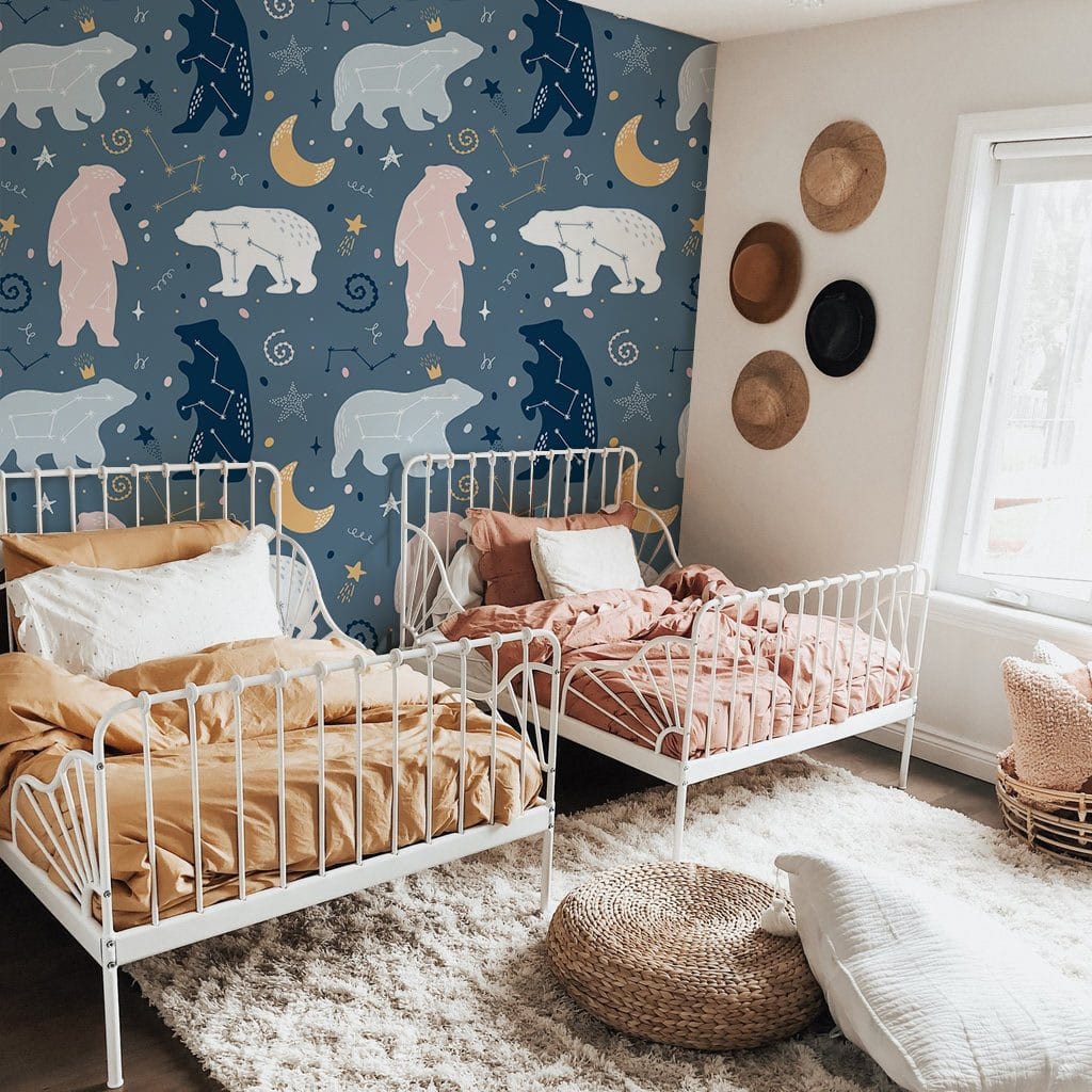 Whimsical Celestial Bear Mural Wallpaper in bedroom