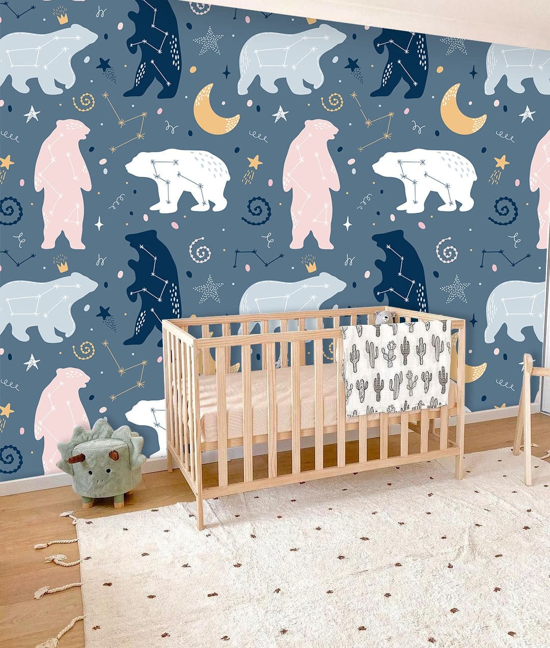 Whimsical Celestial Bear Mural Wallpaper in nursery