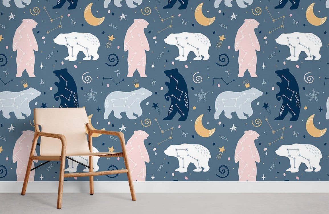 Whimsical Celestial Bear Mural Wallpaper in child's room