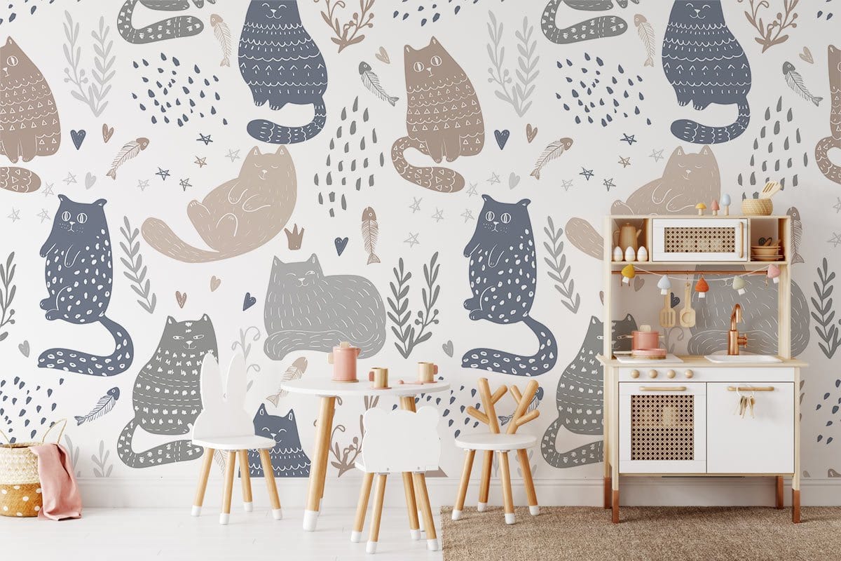 Whimsical Cat Pattern Nursery Mural Wallpaper in playroom