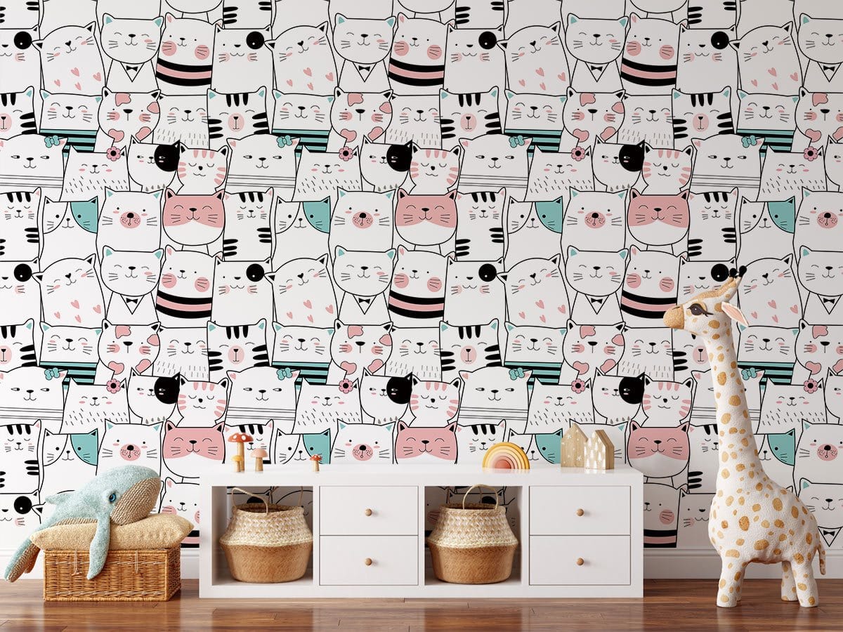 Whimsical Cat Pattern Kids Mural Wallpaper in child's room