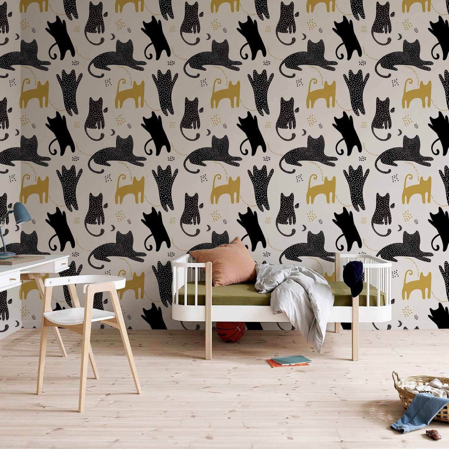 Whimsical Cat Pattern Playful Mural Wallpaper in bedroom