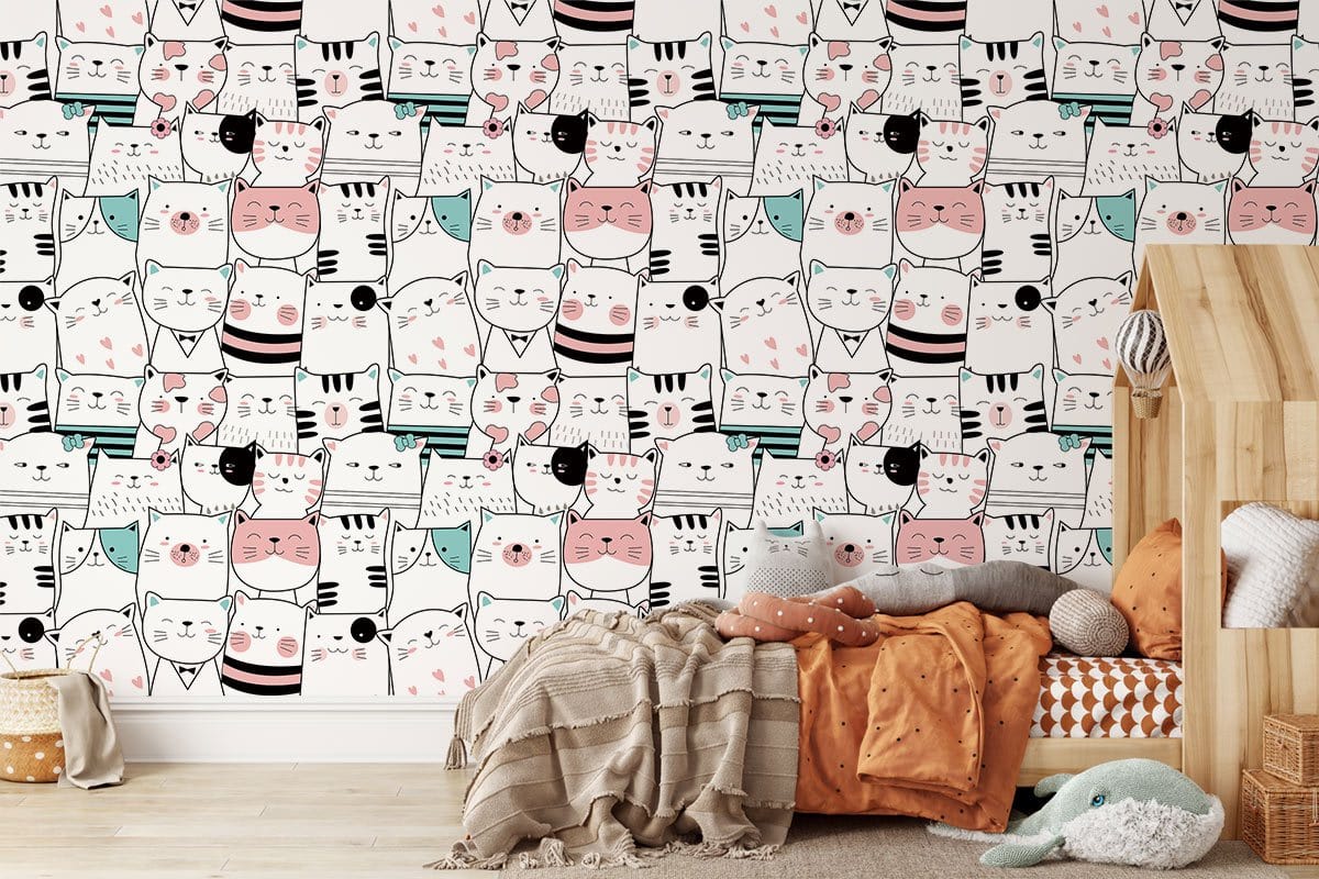 Whimsical Cat Pattern Kids Mural Wallpaper in bedroom