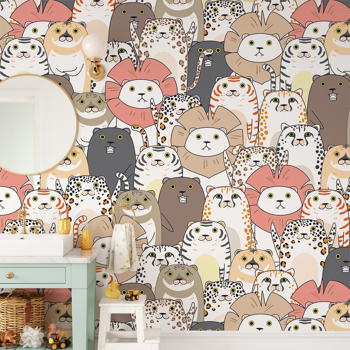 Whimsical Cat Cartoon Pattern Mural Wallpaper in bathroom