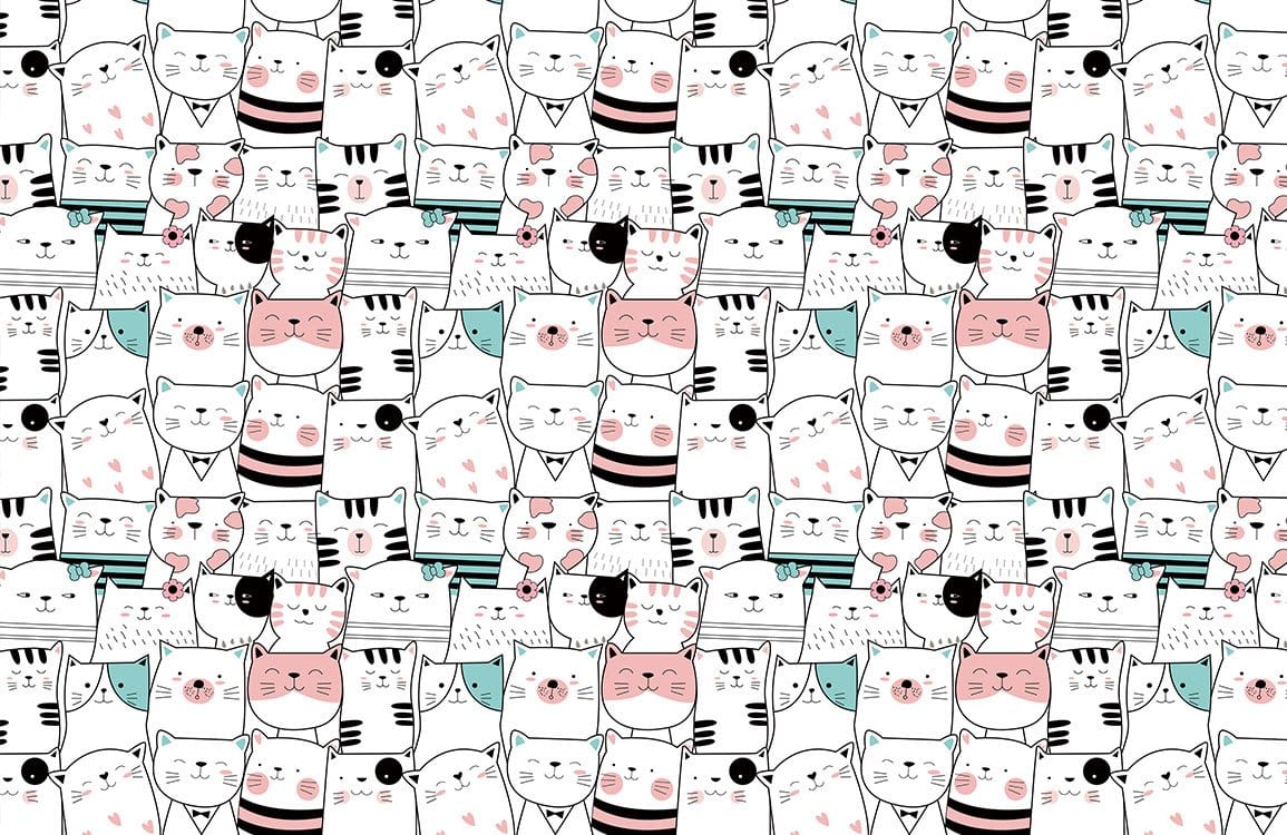 Whimsical Cat Pattern Kids Mural Wallpaper