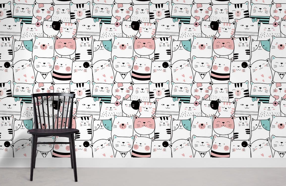 Whimsical Cat Pattern Kids Mural Wallpaper in playroom