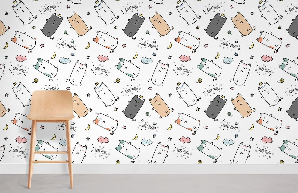 Cute Cat Cartoon Kids Mural Wallpaper in playroom