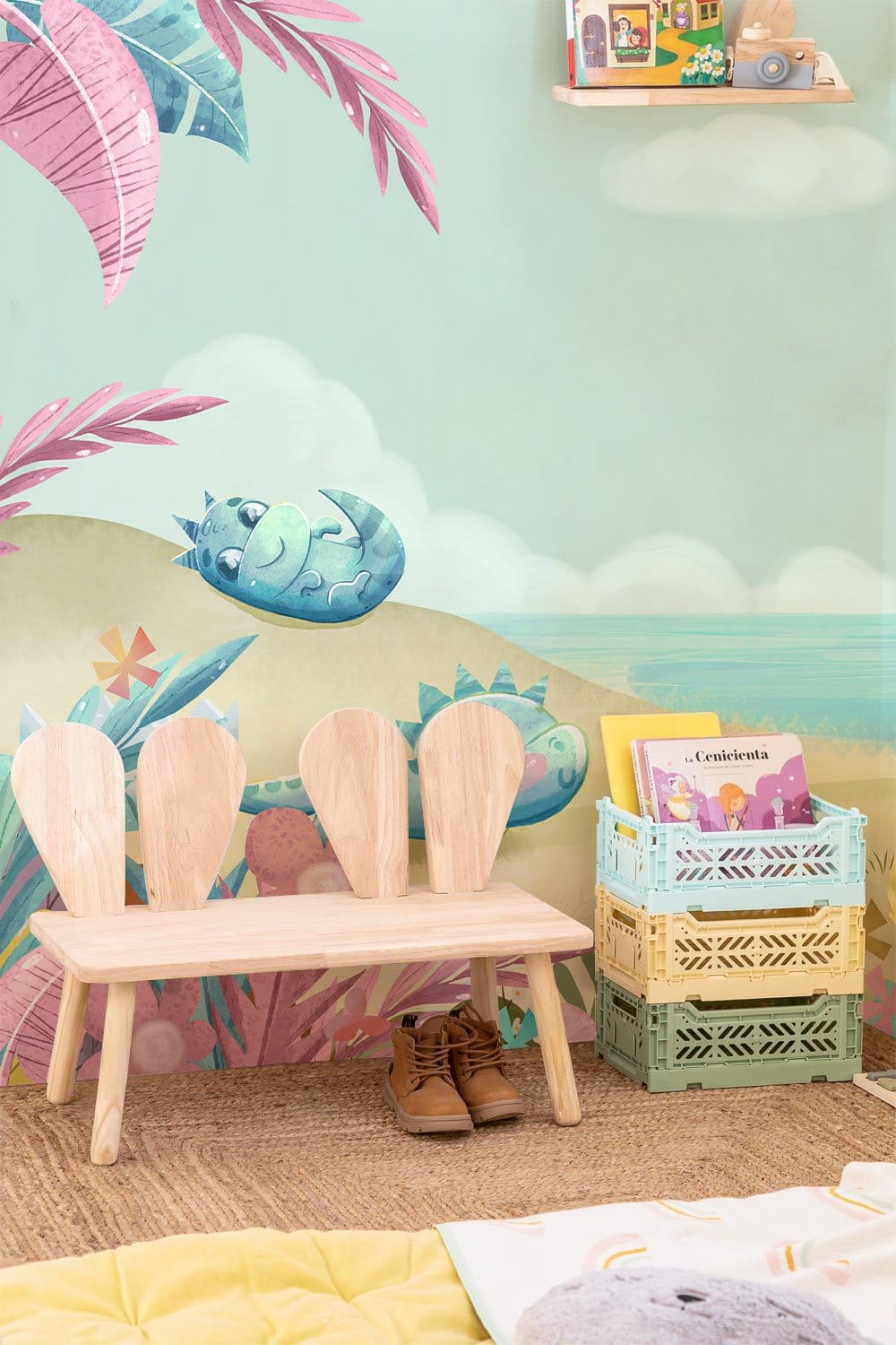 Whimsical Dinosaur Beach Mural Wallpaper in child's room