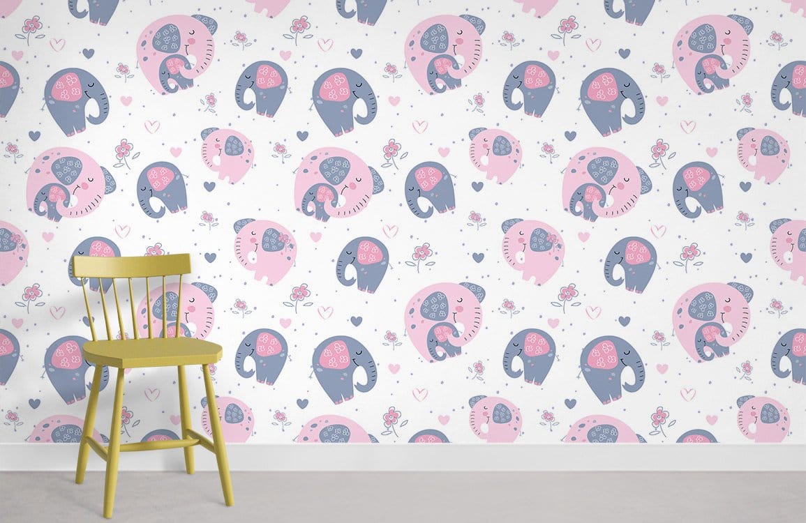 Cute Pink Elephant Playful Nursery Mural Wallpaper in child's room