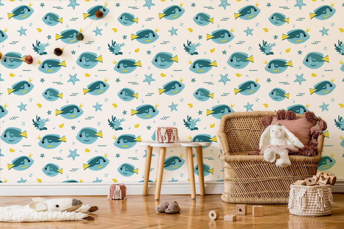 Playful Underwater Fish Kids Mural Wallpaper in children's room