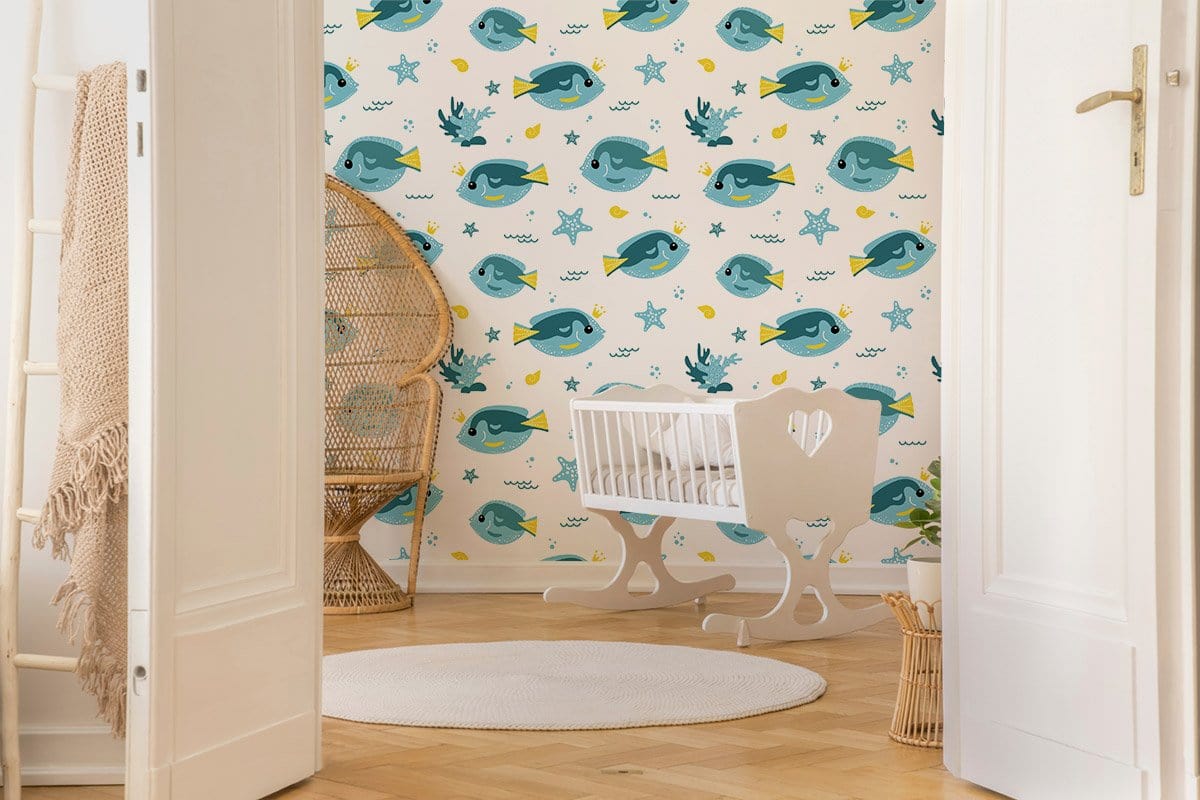 Playful Underwater Fish Kids Mural Wallpaper in nursery