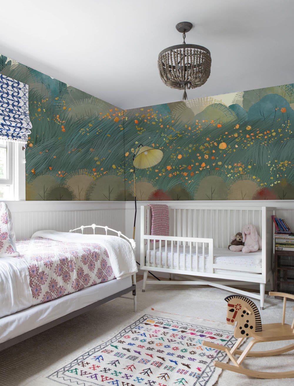 Nursery Wallpaper Mural Featuring a Cartoon Woods and Flowers Scene