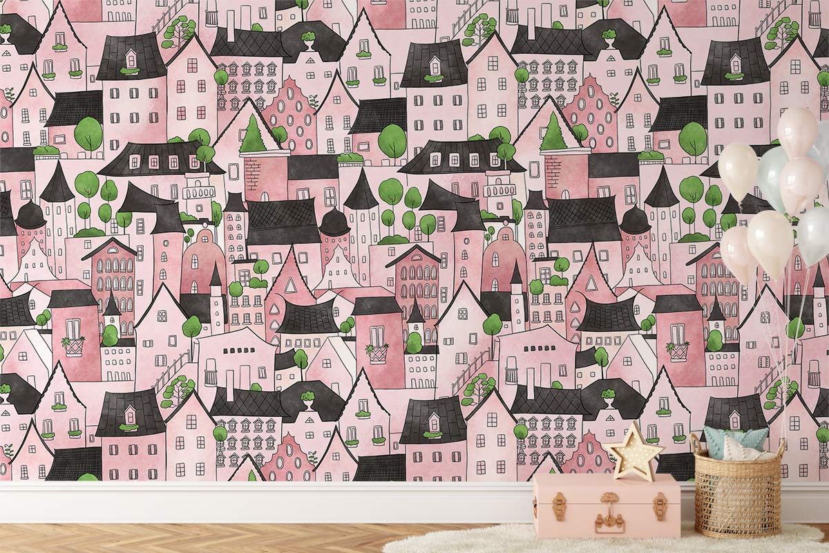 Whimsical Pink Townhouse Illustrative Mural Wallpaper in child's room
