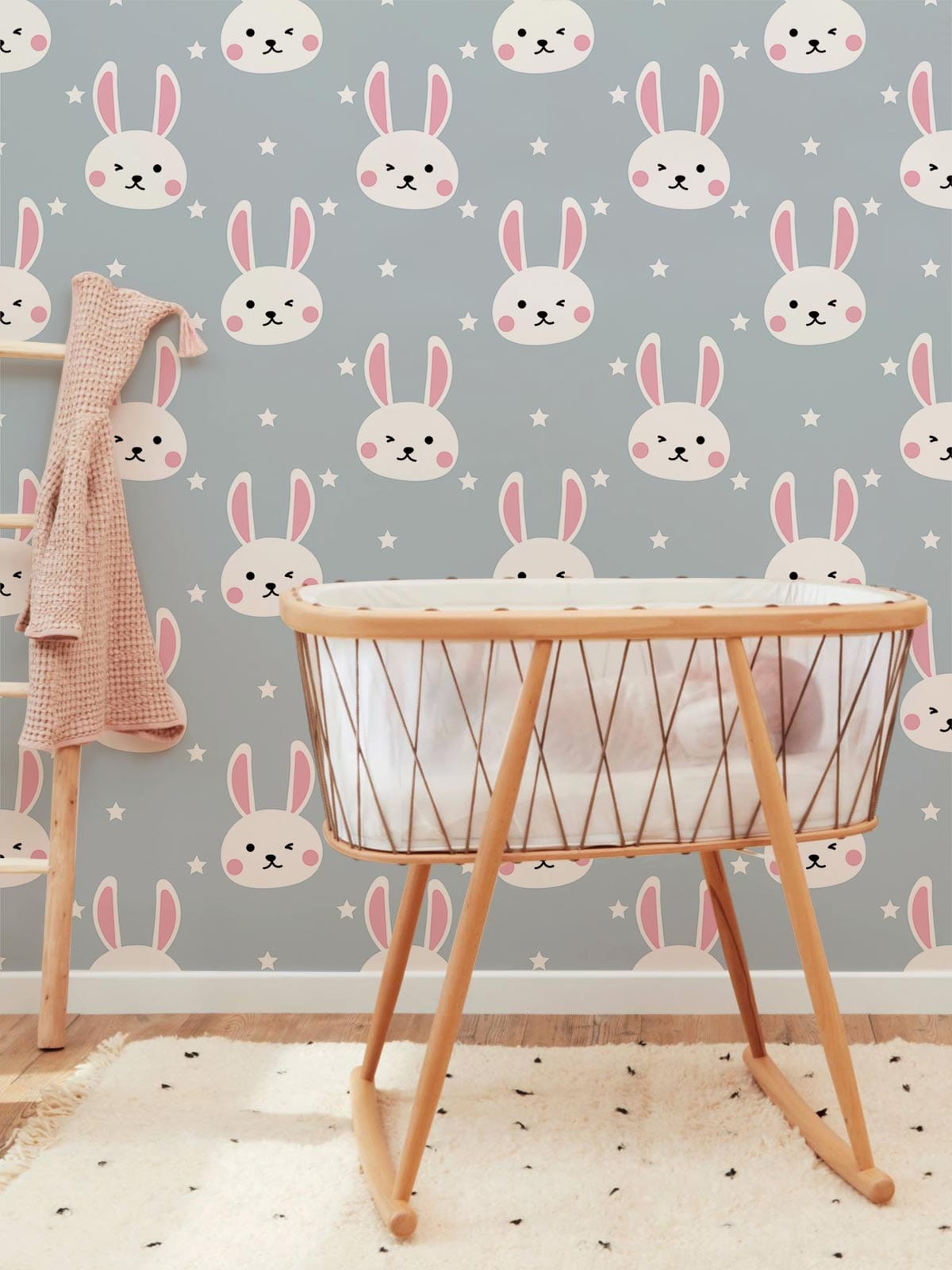 Cute Bunny Star Grey Children Mural Wallpaper in nursery