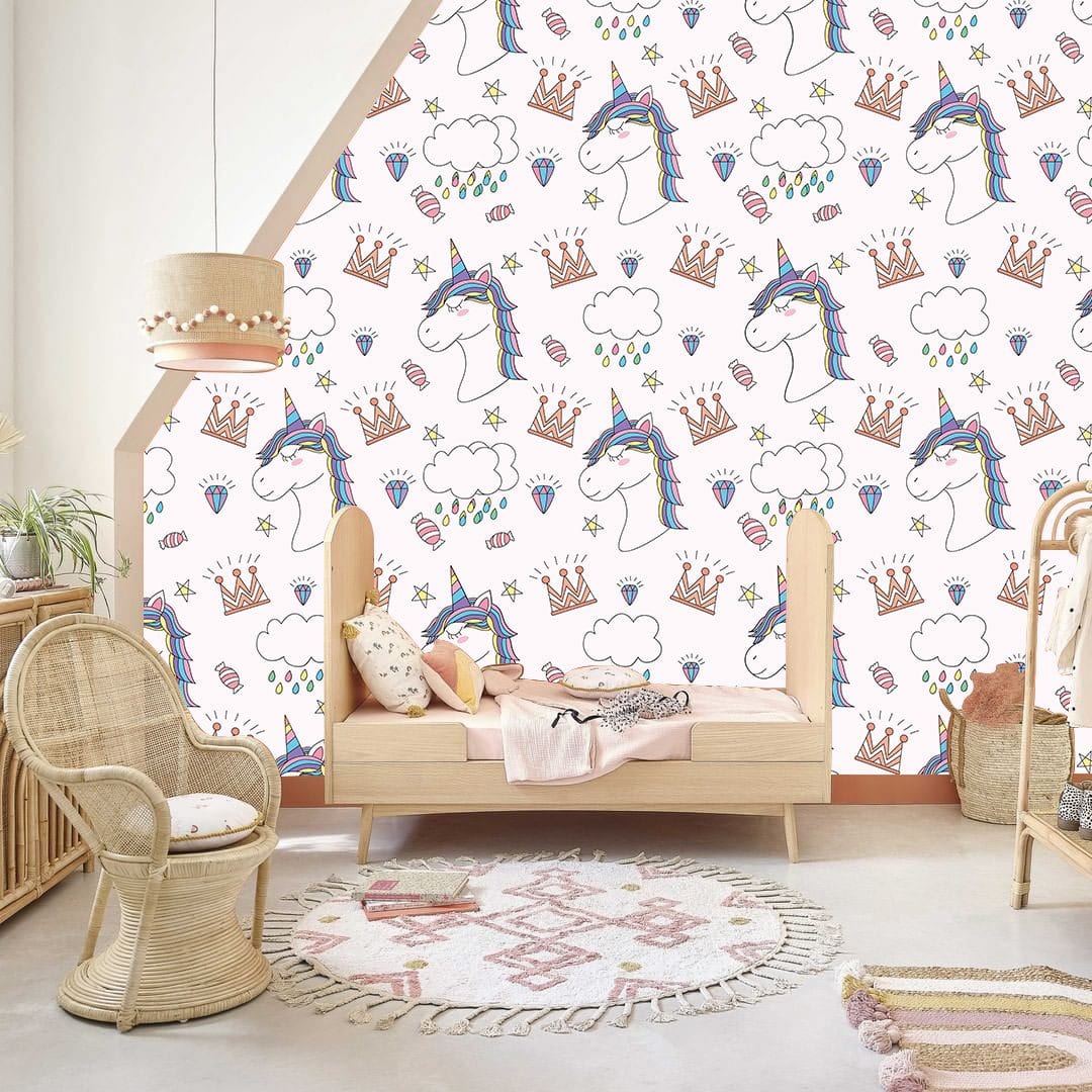 Colorful Whimsical Unicorn Kids Wallpaper Mural in bedroom