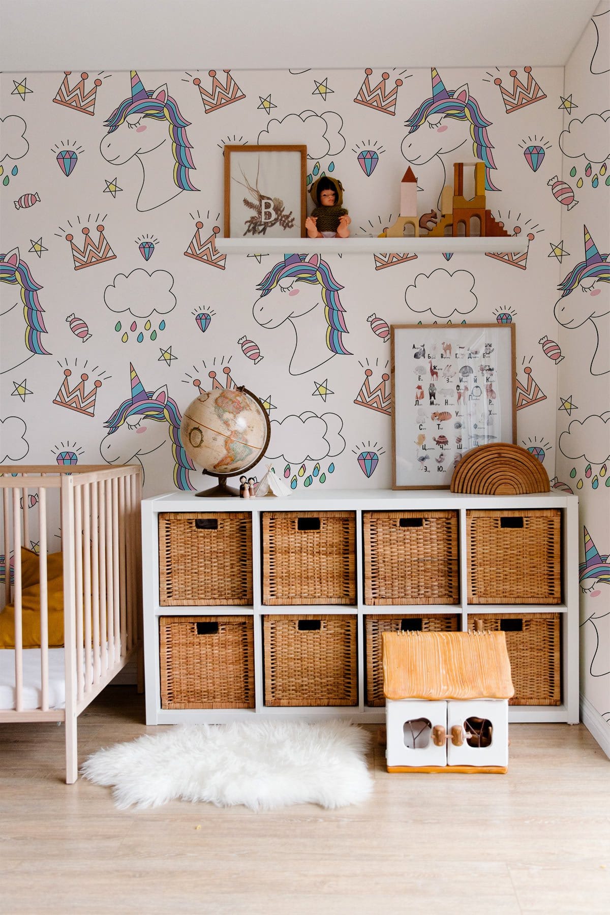 Colorful Whimsical Unicorn Kids Wallpaper Mural in bedroom