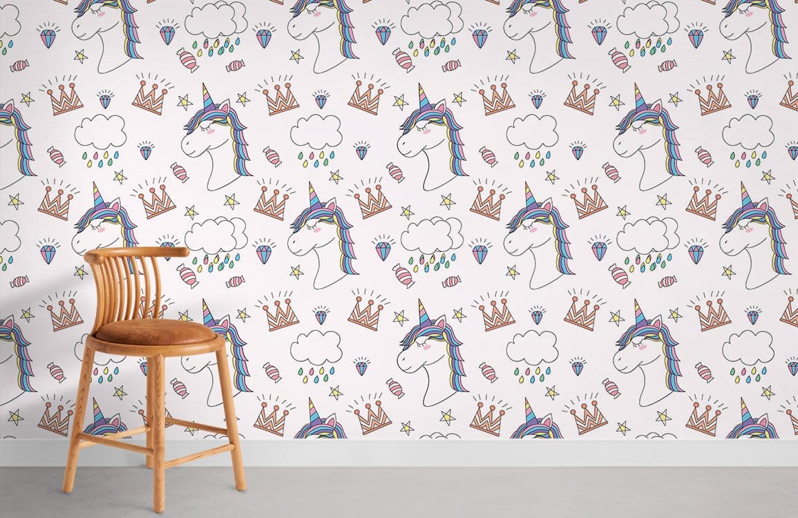 Colorful Whimsical Unicorn Kids Wallpaper Mural in playroom