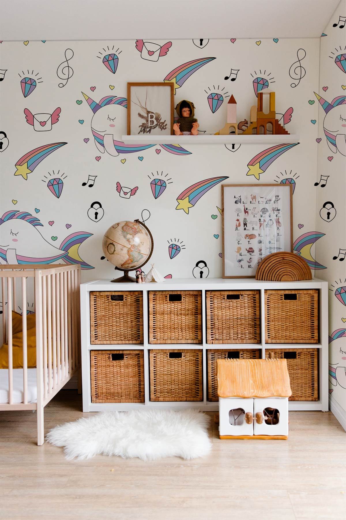 Colorful Whimsical Music Themed Mural Wallpaper in bedroom