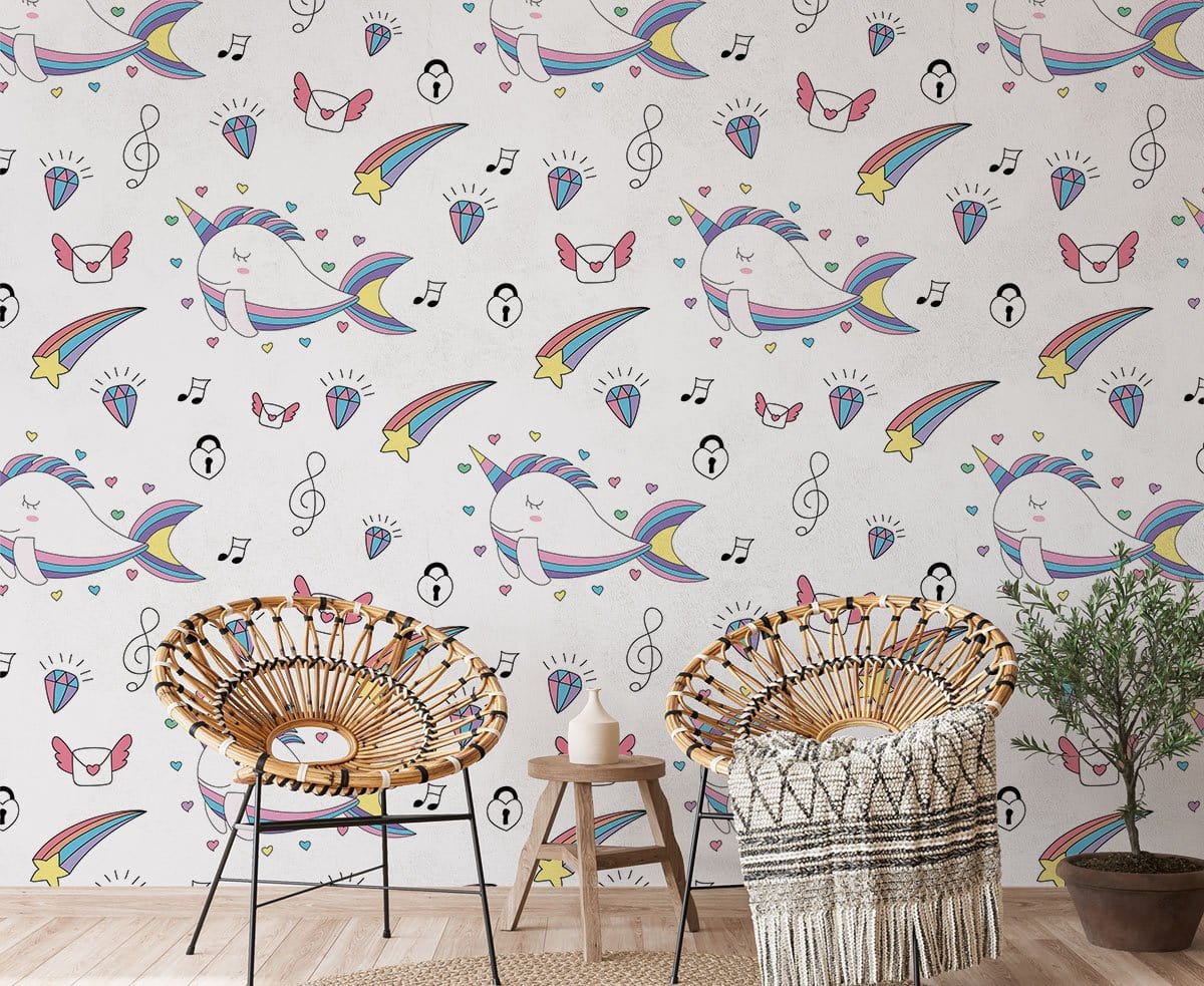 Colorful Whimsical Music Themed Mural Wallpaper in playroom