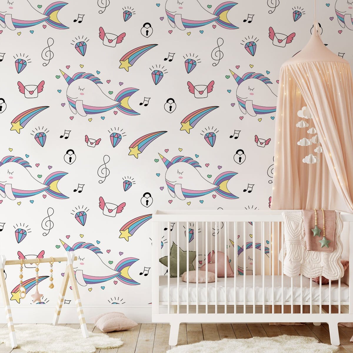 Colorful Whimsical Music Themed Mural Wallpaper in nursery