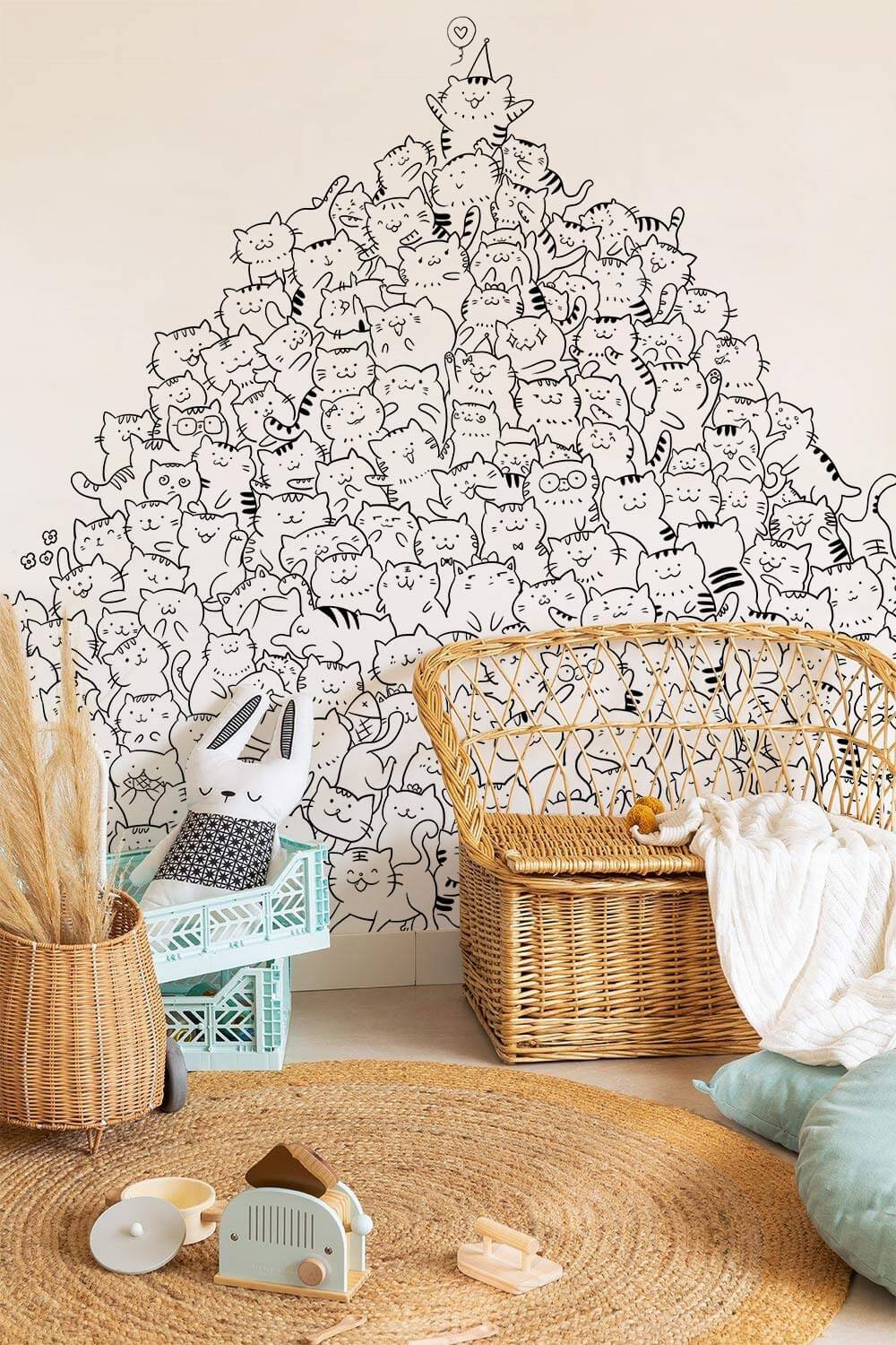 Whimsical Cat Mountain Line Art Mural Wallpaper in playroom