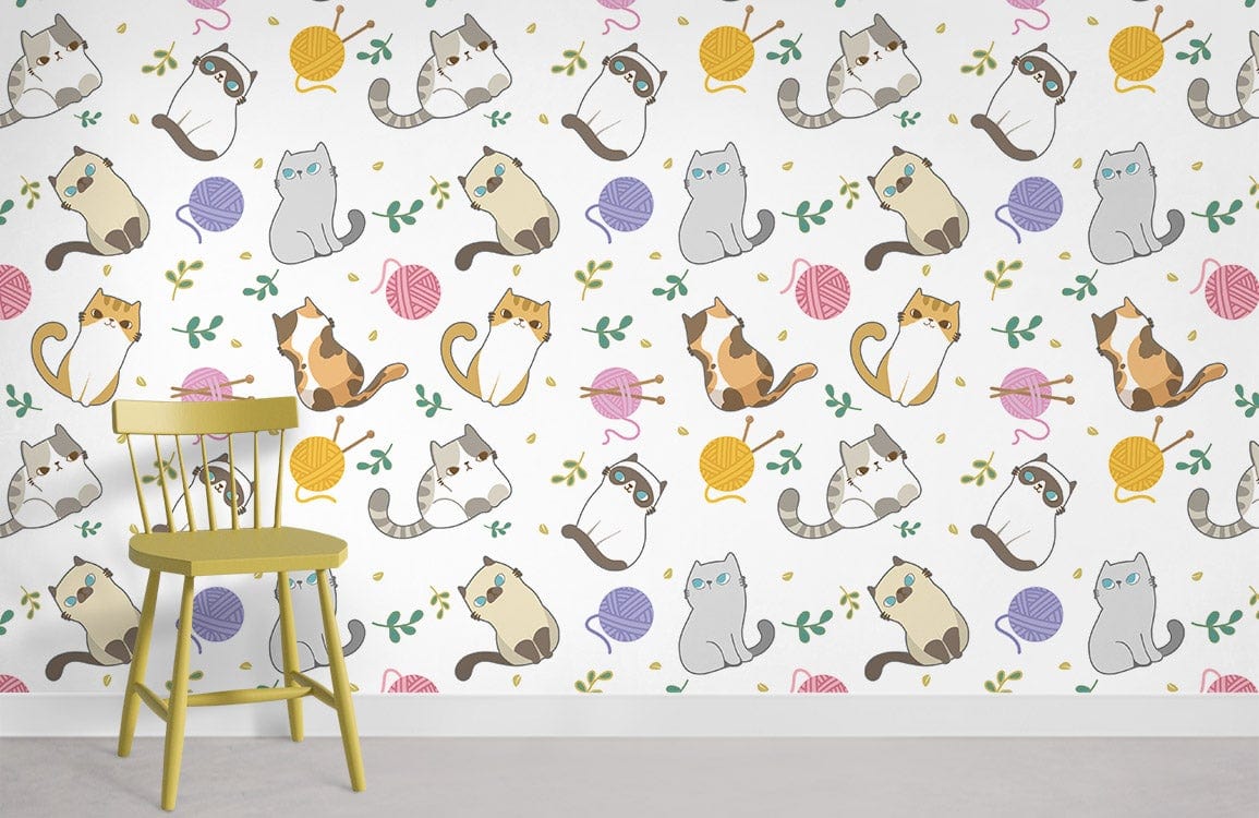 Whimsical Cat Playroom Mural Wallpaper in playroom