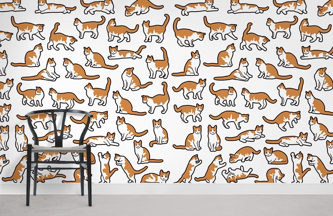 Playful Orange Cat Pattern Mural Wallpaper