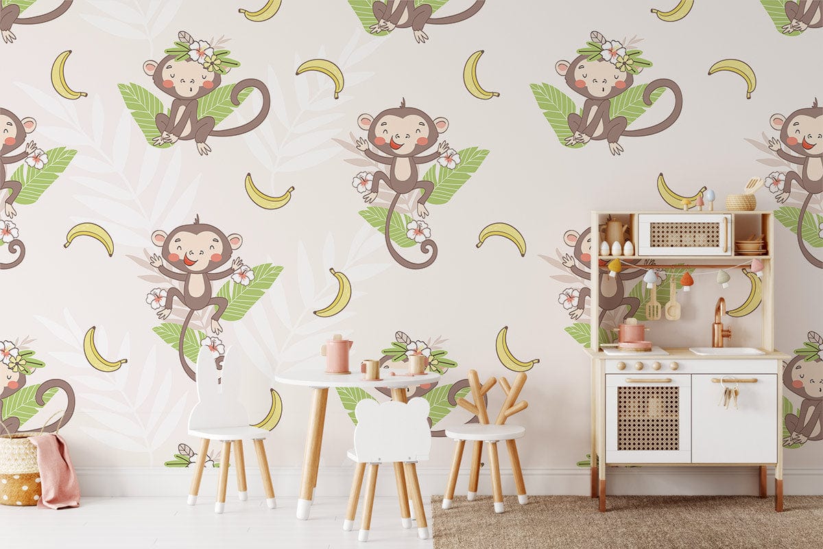 Cheerful Monkey Cartoon Wallpaper For Kid's Room Interior Decor