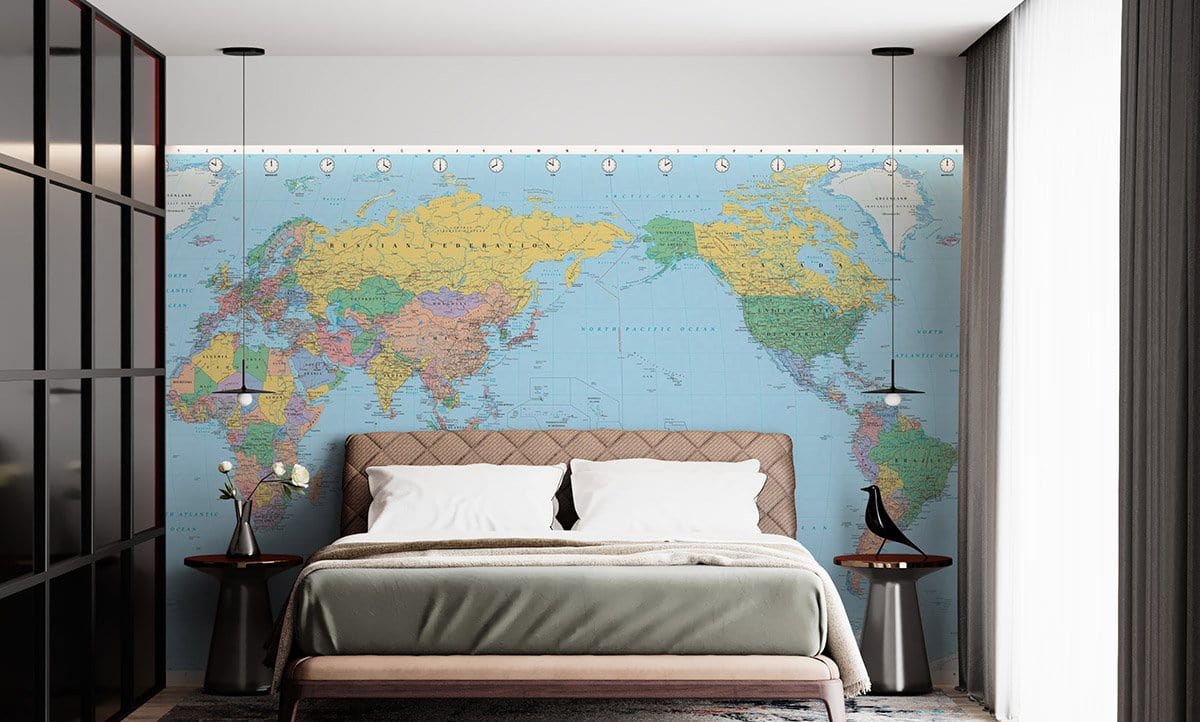 Vintage World Map Mural Wallpaper in bedroom