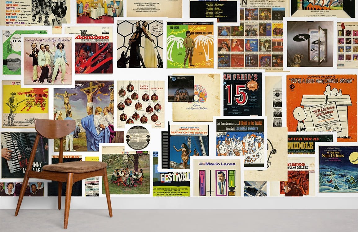 Vintage Record Album Collage Mural Wallpaper in music room