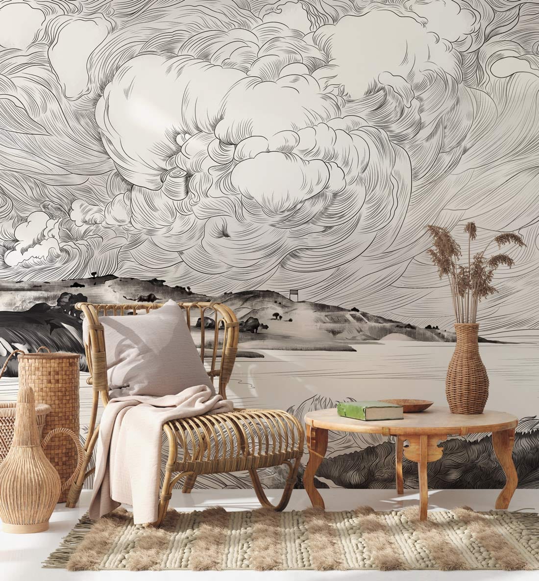 Monochromatic Scenic Clouds Ink Mural Wallpaper in living room