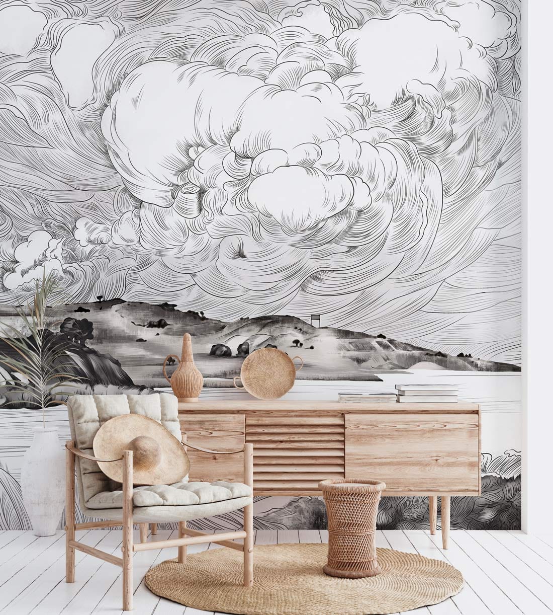 Monochromatic Scenic Clouds Ink Mural Wallpaper in living room