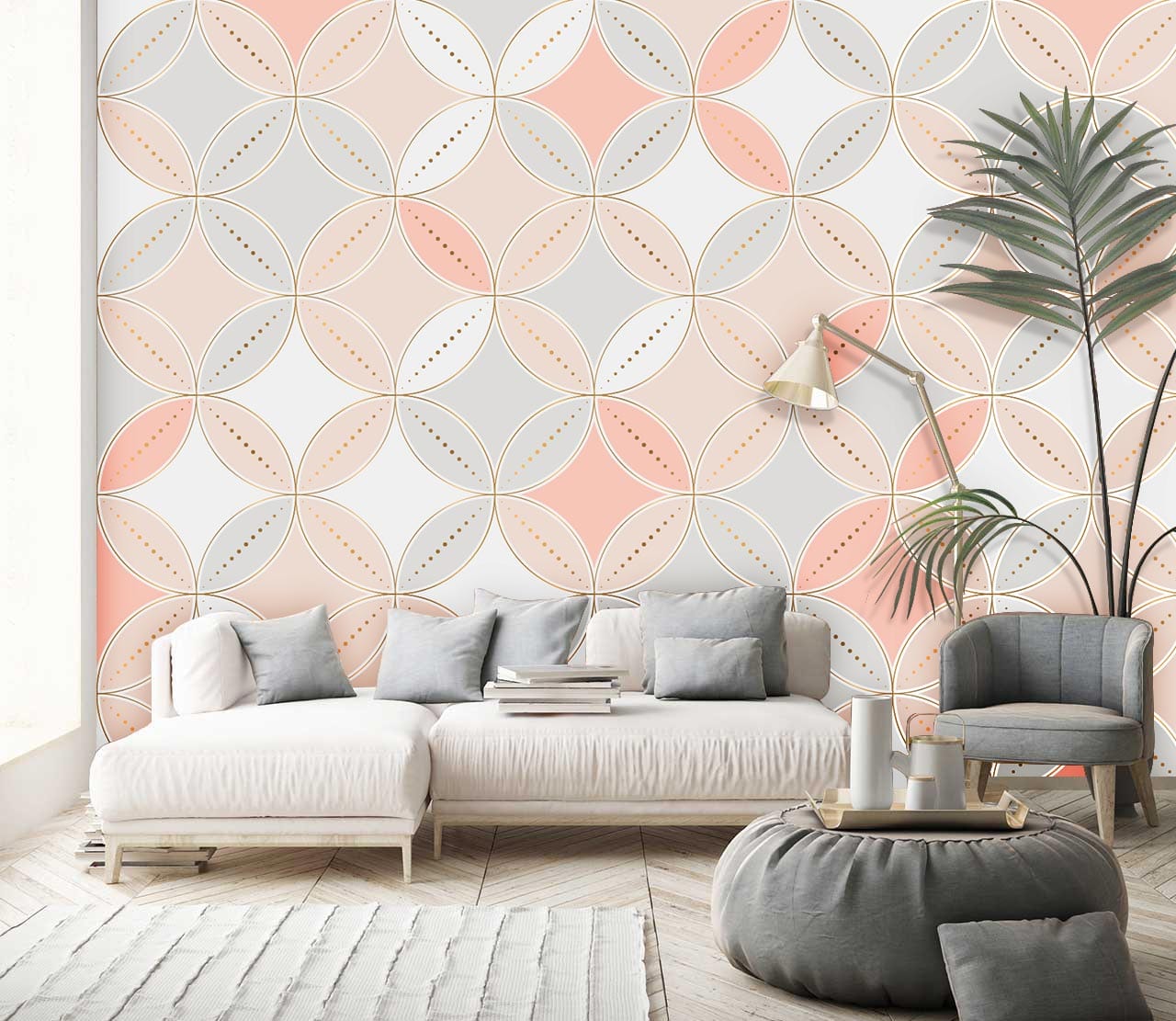 Modern Geometric Leaf Pattern Wallpaper Mural in living room