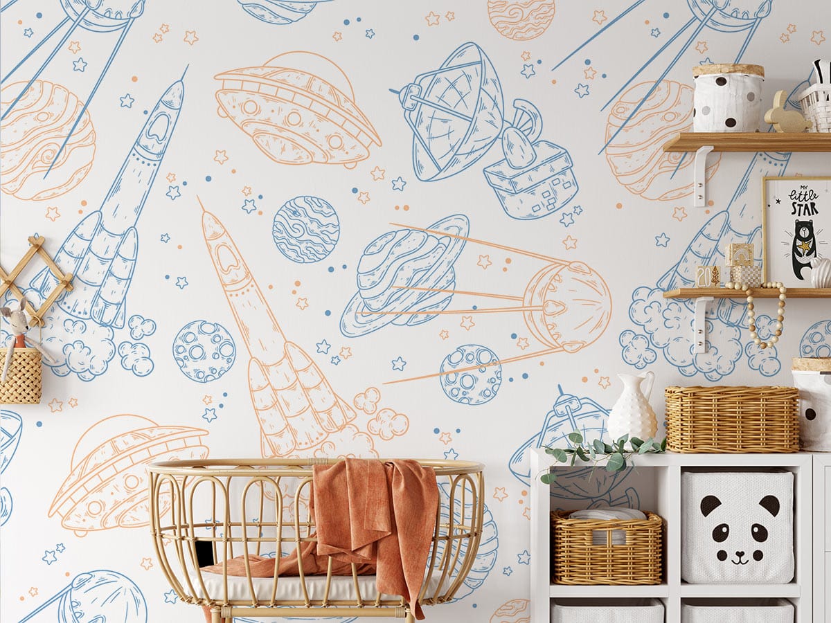 Whimsical Space Adventure Kids Wall Mural in nursery