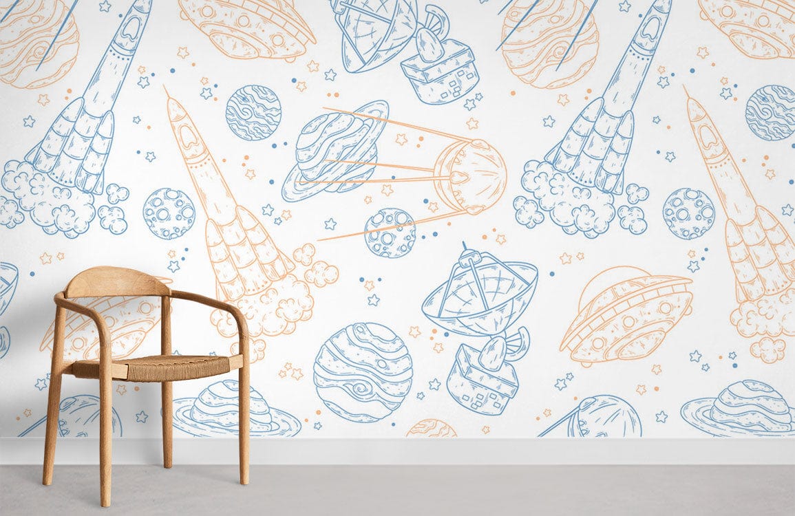 Whimsical Space Adventure Kids Wall Mural in children's room