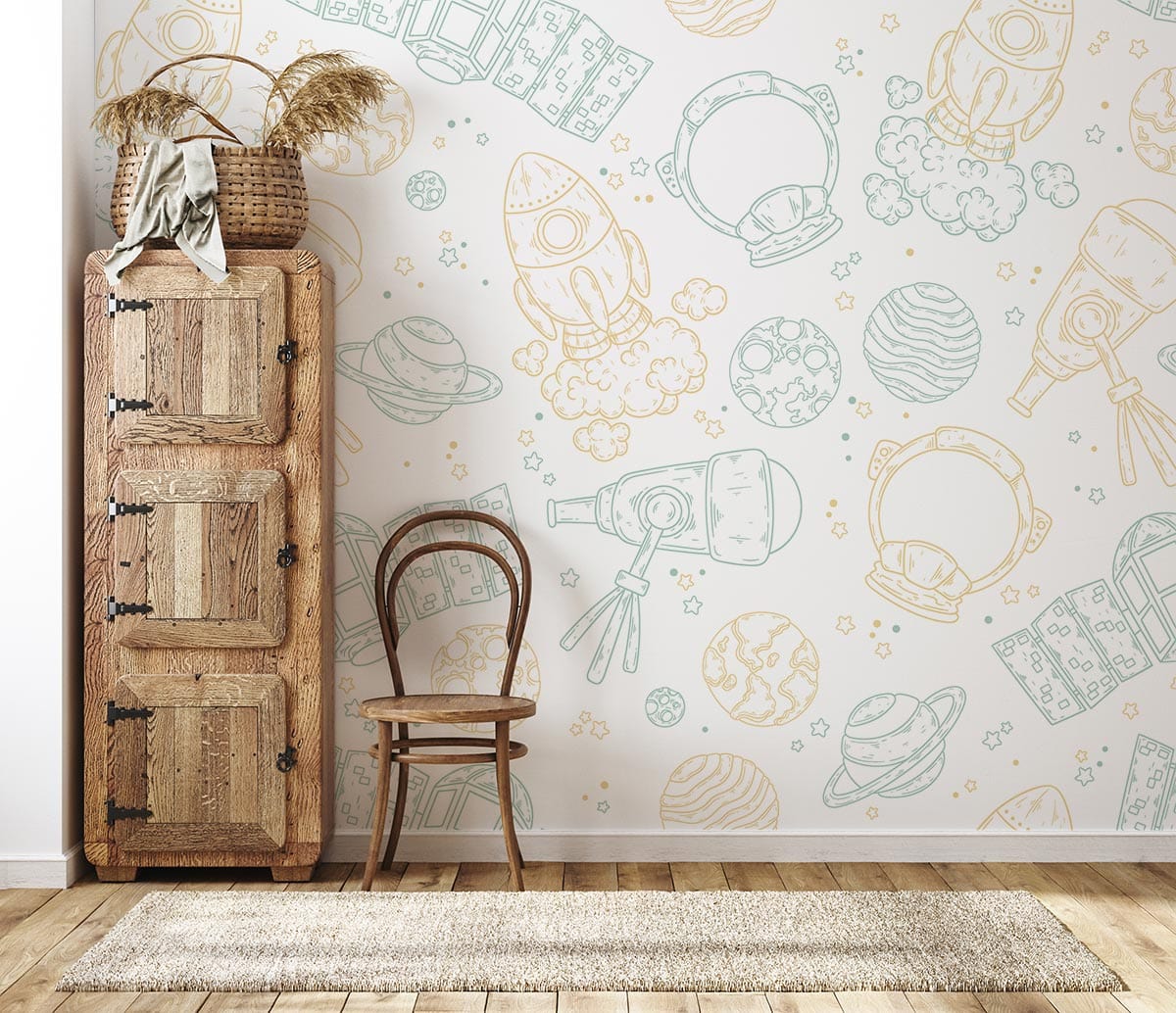 Whimsical Space Adventure Kids Wallpaper Mural in nursery