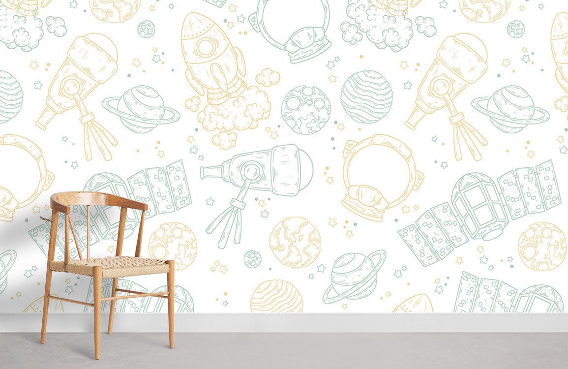 Whimsical Space Adventure Kids Wallpaper Mural in playroom