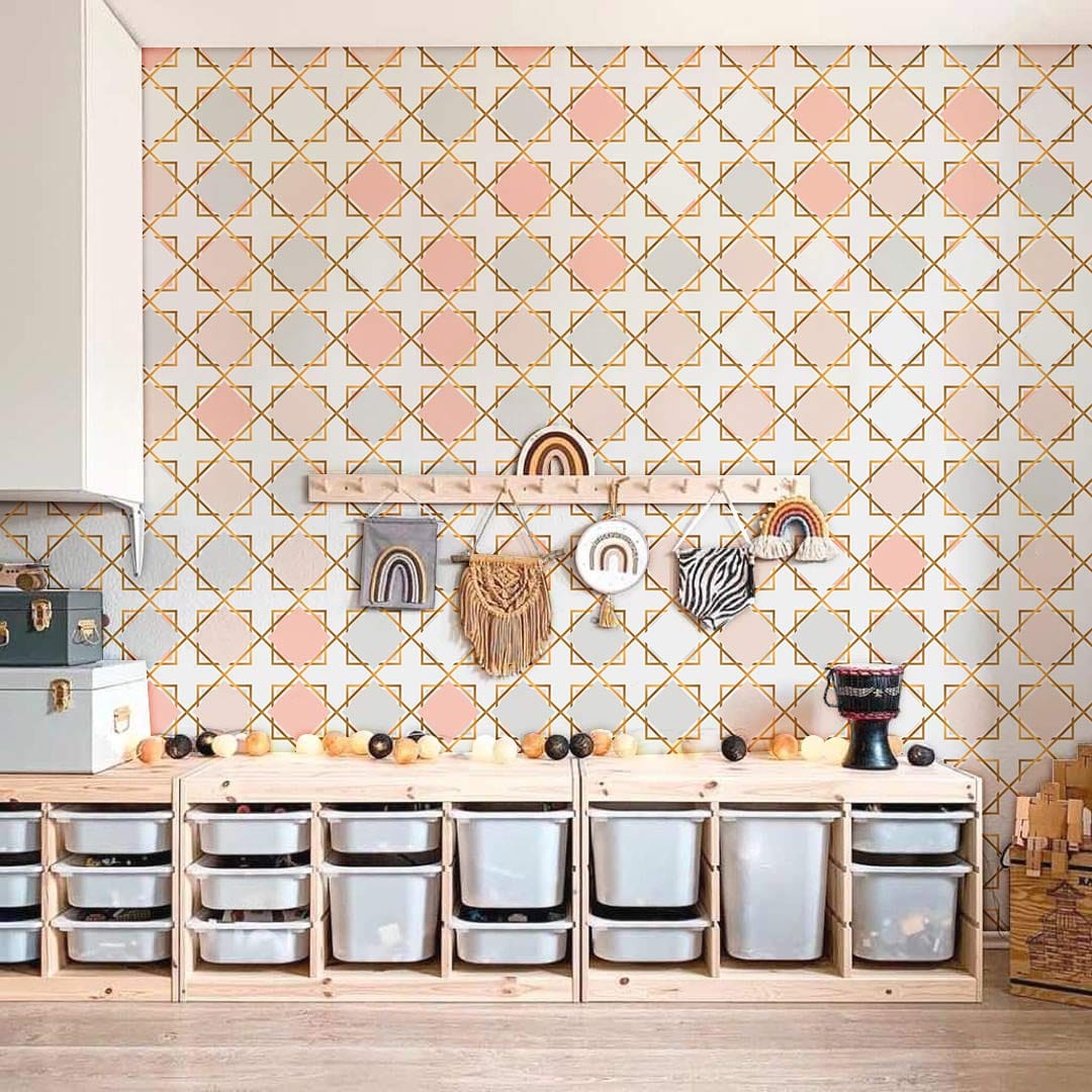 Geometric Pink Gold Modern Mural Wallpaper in playroom