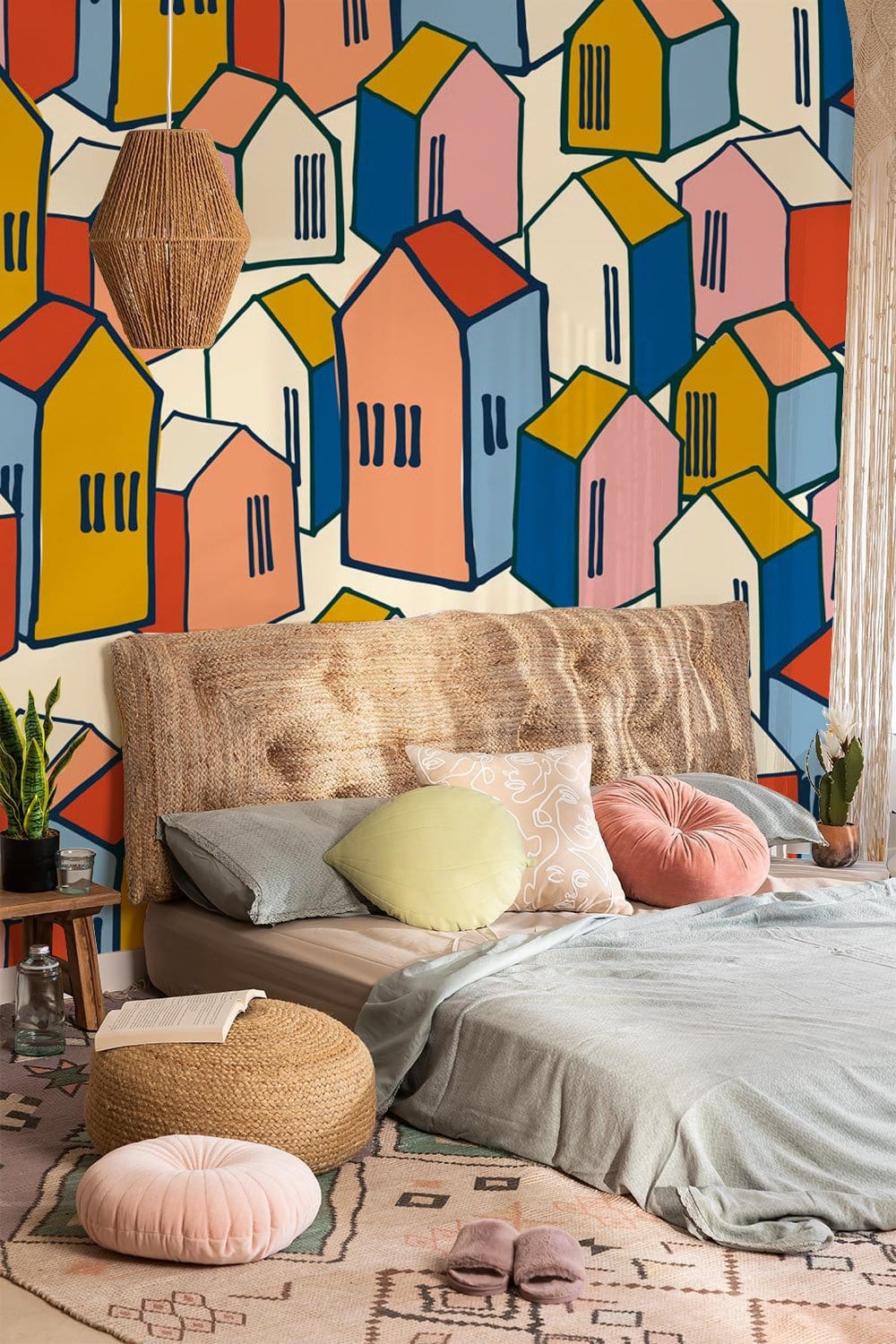 Colorful House Pattern Wallpaper Mural Used for Decorating the Bedroom