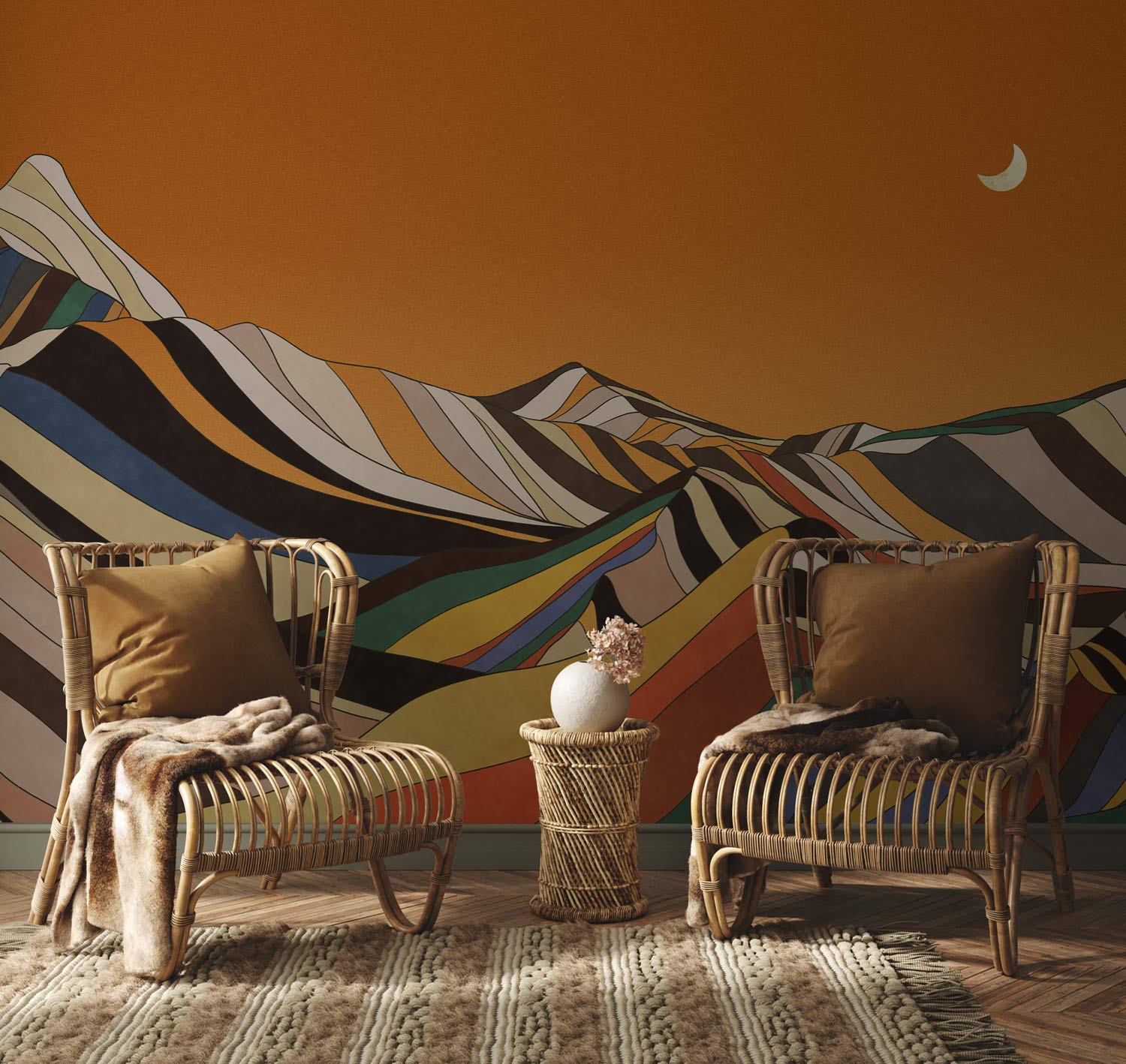 Colorful Mountain Orange Wall Mural For Living Room