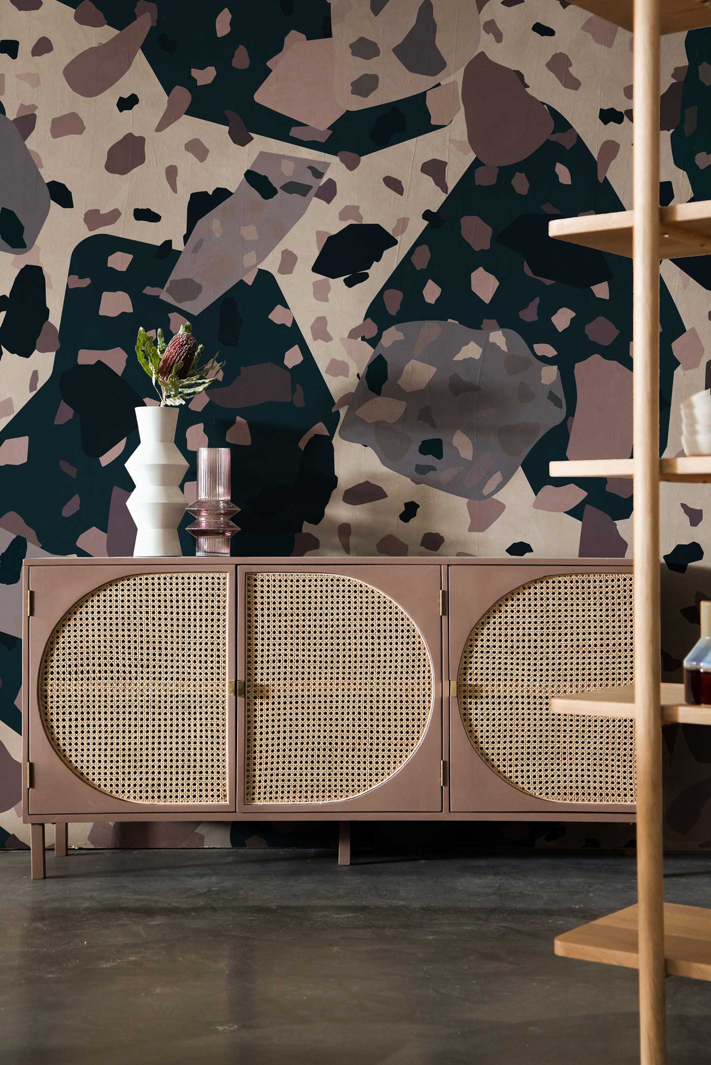 Living Room Decoration Featuring a Marble and Fragments Pattern Wallpaper Mural