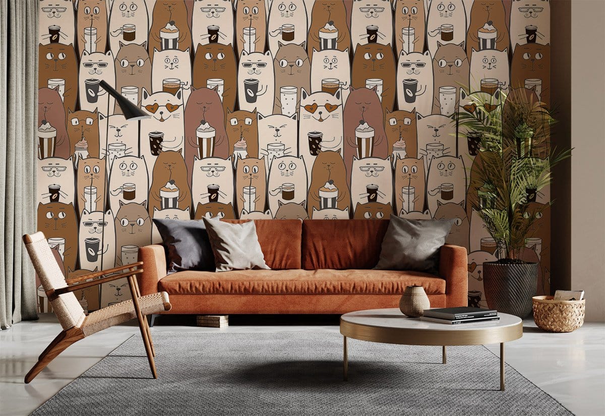 Whimsical Cat Coffee Pattern Mural Wallpaper in living room