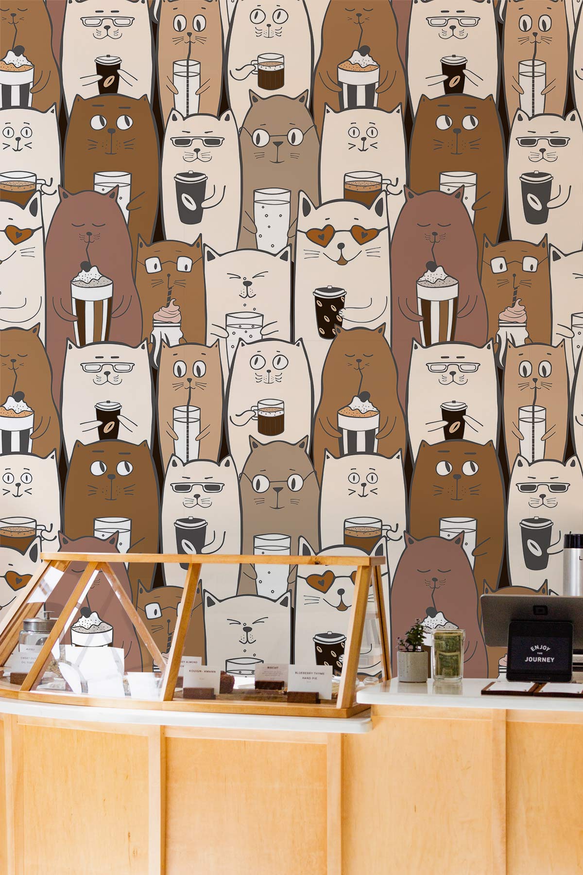 Whimsical Cat Coffee Pattern Mural Wallpaper in restaurant setting